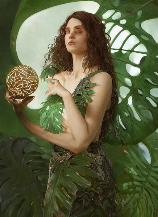 Image similar to a female druid with monstera leaf themed clothing, fully clothed, monstera leaves in the background, holding a glowing orb of leaves, volumetric lighting, D&D, fantasy, intricate, cinematic lighting, highly detailed, digital painting, artstation, concept art, smooth, sharp focus, illustration, art by Artgerm and Greg Rutkowski and Alphonse Mucha