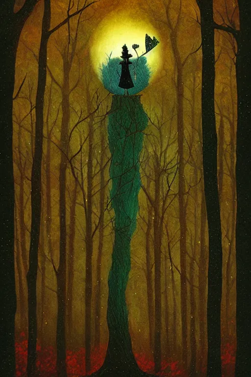 Image similar to tarot card, haunted woods, by andy kehoe