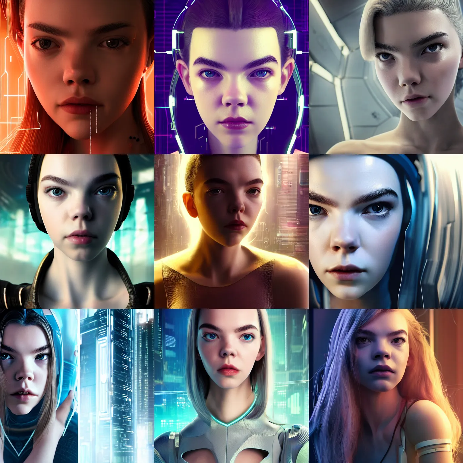 Prompt: full-length portrait of beautiful cyber lady Anya Taylor-Joy, cyberpunk, close-up perfect face, photorealistic, octane render, 35mm, beautiful big symmetric eyes, coherent, 4k, Unreal Engine, intricate details, concept art, volumetric lighting, trending or artstation, award winning, beautiful scenery, ray tracing