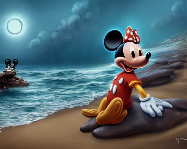 Image similar to Mickey mouse sitting next to terrifying sea creatures on a creepy beach, digital art, by Marta Dahlig, super detailed, artstation