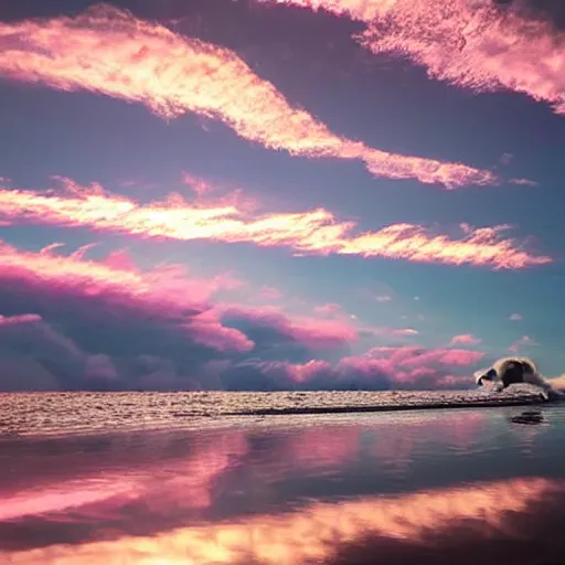 Prompt: dreamland blush colored sky covered with light feathery pink clouds on a reflective waveless flat open infinite ocean mirroring the sky with a pug sliding down an inflatable waterslide in the middle