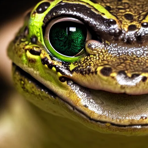 Image similar to closeup of a frog with the eyes of a house - fly, creature hybrid, high resolution photo, trending on artstation, 8 k