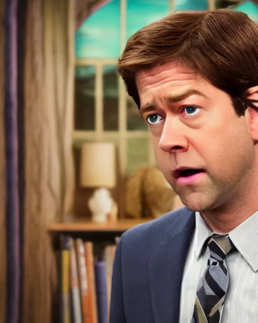 Image similar to jim halpert as a muppet. highly detailed felt. hyper real photo. 4 k.