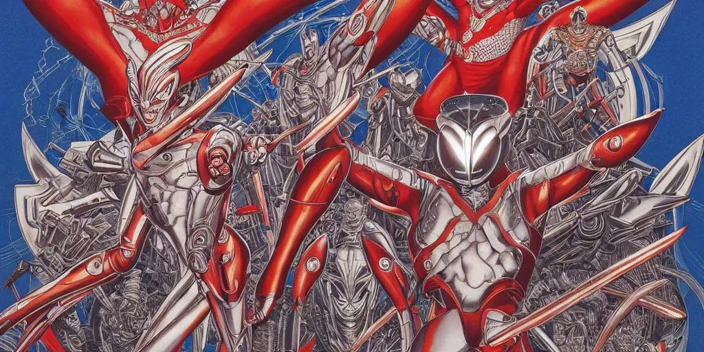 Image similar to ultraman, symmetrical, by yoichi hatakenaka, masamune shirow, josan gonzales and dan mumford, ayami kojima, takato yamamoto, barclay shaw, karol bak, yukito kishiro