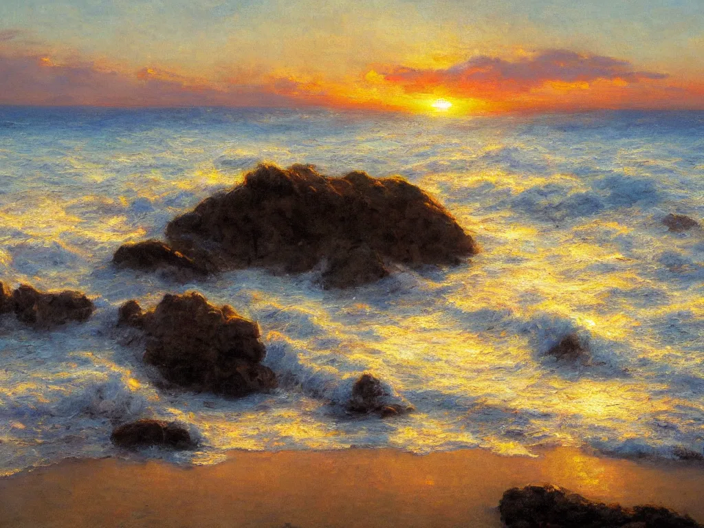 Image similar to a beautiful masterpiece painting of a coastal beach seascape in summer at sunset by juan gimenez, award winning, trending on artstation,