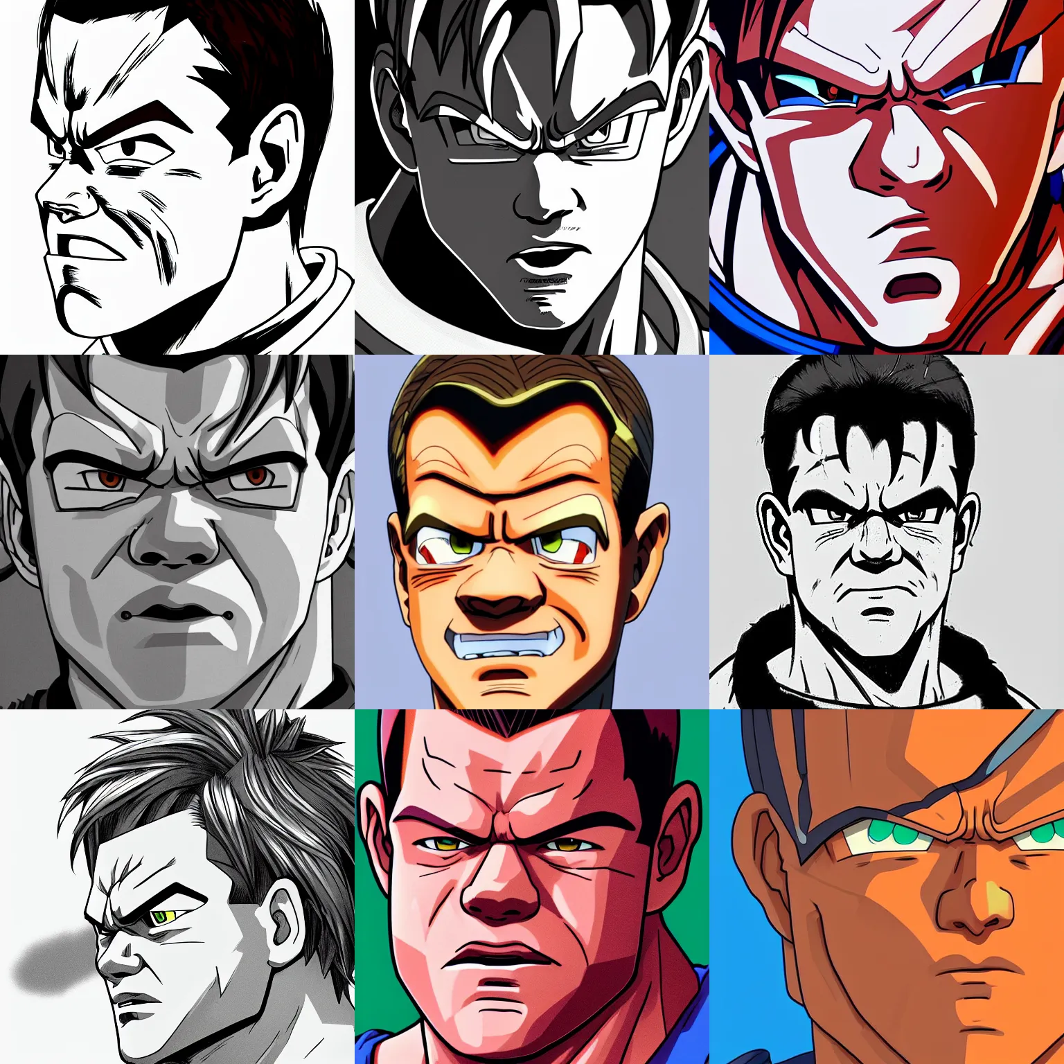 Prompt: matt damon!!! big head close up concept art of matt damon as a dragon ball character, beautiful landscape, 4 k anime character lineart flat ink by akira toriyama, artstation