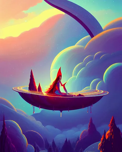 Image similar to beautiful painting of elven on a flying bed, art by mike winkelmann and by petros afshar, sky night, illustration, highly detailed, simple, smooth and clean vector curves, no jagged lines, vector art, smooth, artstation, blue color scheme