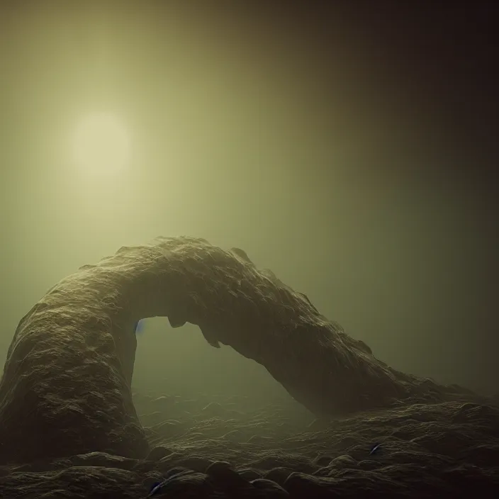 Image similar to a lovecraftian monster emerges out of the clouds, volumetric lighting, fog, atmospheric, high resolution, rendering, octane, redshift