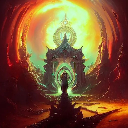 Prompt: ultradetailed satanic stargate opening synthwave portal to insanity dimension by peter mohrbacher and emmanuel shiu and martin johnson heade and bastien lecouffe - deharme