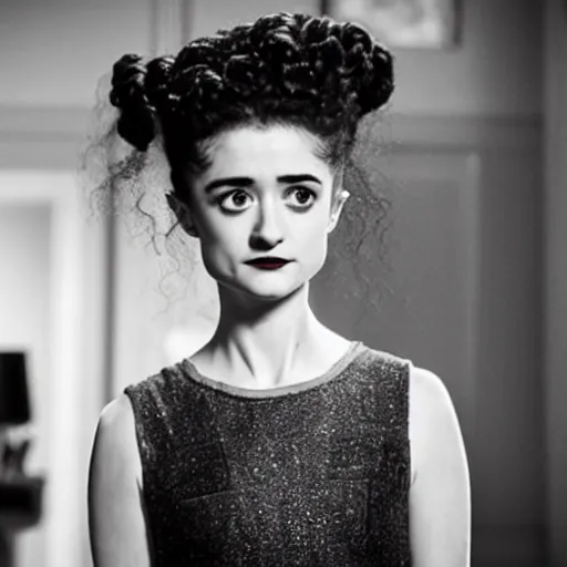 Prompt: natalia dyer as nancy wheeler in the bride of frankenstein, black and white