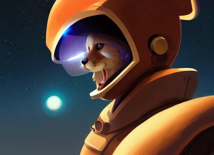 Image similar to An anthropomorphic fox as a retrofuturistic astronaut, helmet with led lights, freely floating in space, large planet in the background, volumetric lighting, glowing lights, 4k, octane, digital painting, artstation, concept art, cinematic film, sharp focus, illustration, art by artgerm and greg rutkowski and alphonse mucha , wide angle view,