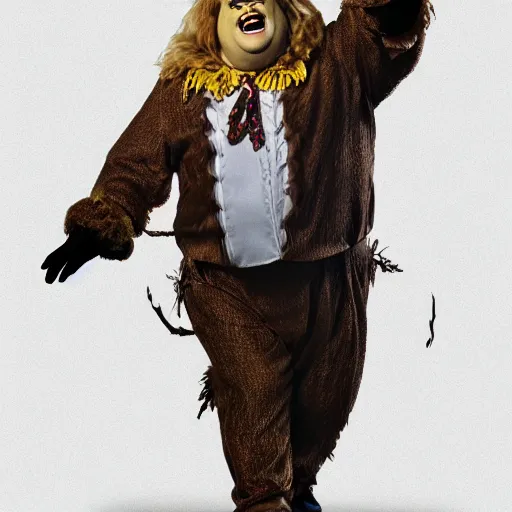 Image similar to snl chris farley as the cowardly lion of oz, studio poster photography, trending on artstation, featured on deviantart, award winning costume