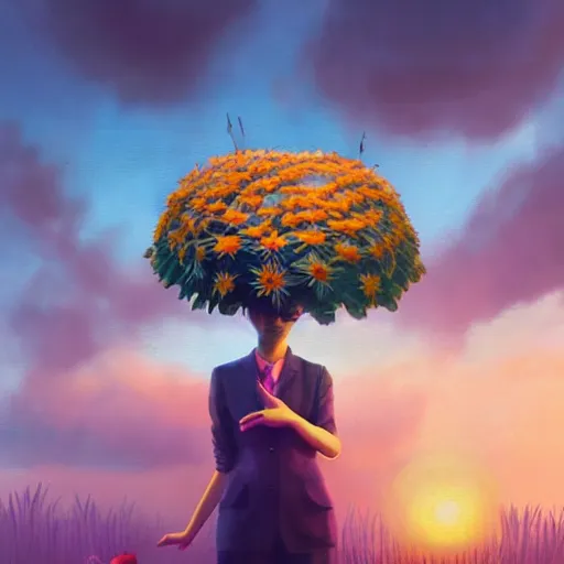 Prompt: giant daisy flower head, frontal, a girl in the suit, surreal photography, sunrise, dramatic light, impressionist painting, digital painting, artstation, simon stalenhag