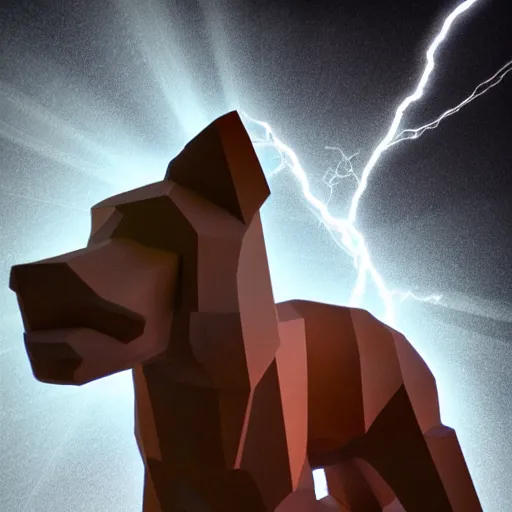 Image similar to redstone sculpture of a detailed carved smiling pitbull + dramatic lightning + volumetric light + backlightning + lensflares + rays of light + dramatic shadows + glowing particles