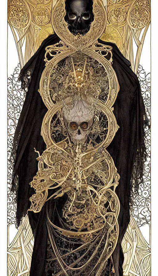 Image similar to a skeleton in a black cloak, highly detailed, very intricate, art nouveau, gold filigree, left right symmetry, tarot concept art watercolor illustration by mandy jurgens and alphonse mucha and alena aenami, featured on artstation