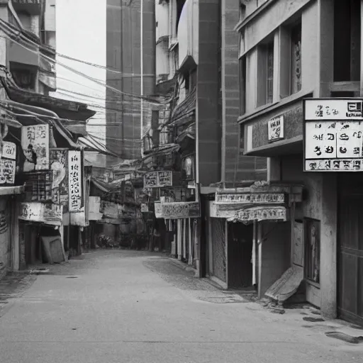 Image similar to 1950s Korean thriller film noir, a view of Shin Sang-ok in the middle of an empty scene, 35mm film, Cooke Varotal 20-100 T3.1