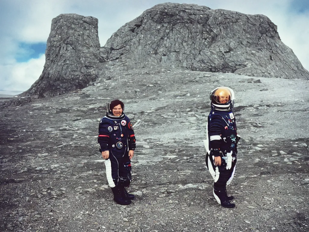 Prompt: tourist astronaut in the Isle of Harris, Scotland, a spaceship in the background, 35 mm lens, Fuji Provia film, taken with a Hasselblad camera, photorealistic