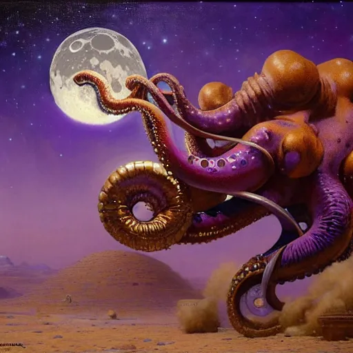 Image similar to a giant purple octopus riding a bicycle on the moon. highly detailed painting by gaston bussiere, greg rutkowski, j c leyendecker 8 k