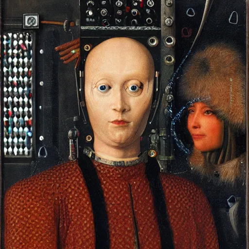 Prompt: a portrait of cyborg queen jacked into a man-machine interface by Jan van Eyck