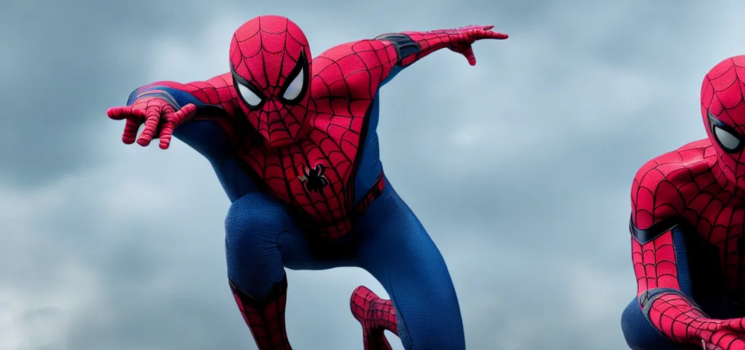 Image similar to Tom Hanks as Spider-Man, film still, wide-shot, full shot, cinematic lens, heroic portrait