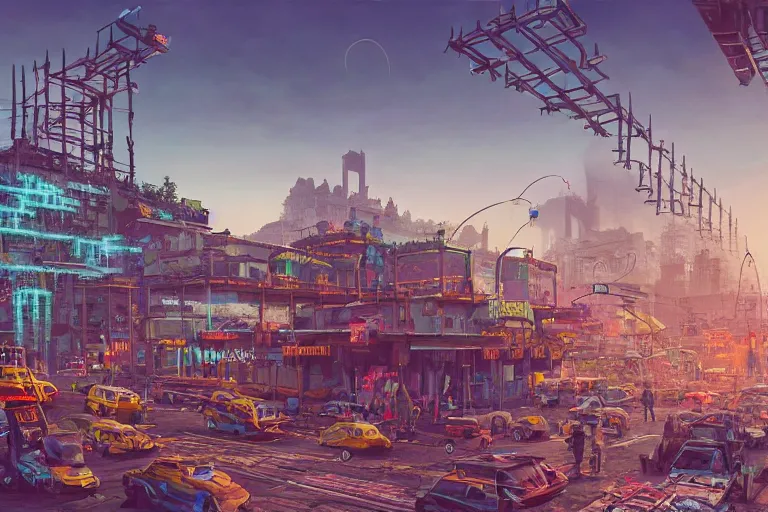 Prompt: hyperrealistic matte painting of aztec temples in a cyberpunk future environment with flying cars, mechanical features and neon, graffiti, scaffolding, smog, destruction by filip hodas, beeple, 4 k, trending on cgsociety