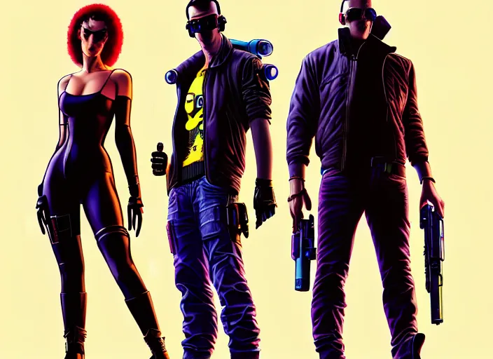 Image similar to cyberpunk heist crew. portrait by stonehouse and mœbius and will eisner and gil elvgren and pixar. character design. realistic proportions. cyberpunk 2 0 7 7 character art, blade runner 2 0 4 9 concept art. cel shading. attractive face. thick lines. the team. diverse characters. artstationhq.