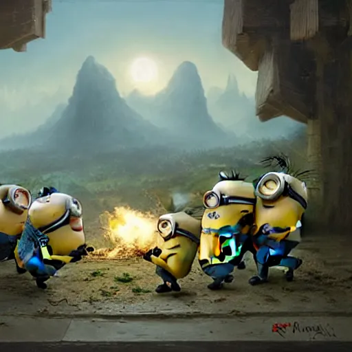 Image similar to Minions eating banana, Matte painting , detailed painting, greg rutkowski