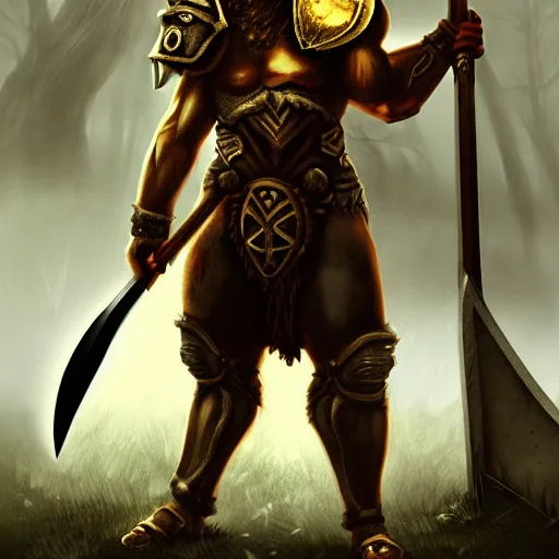 Image similar to Minotaur warrior with axe, human body, aggressive stance, forest landscape, bull head, concept art, paladin golden armor, high details, symmetrical, full body, digital painting, dark fantasy, guildwar artwork