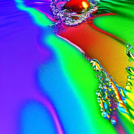 Prompt: Colorful Water Splashing, Hyperrealistic Simulation, Refractions and Subsurface Scattering, Octane Renderer, Redshift, Ultra Settings, Photorealistic Rendering, Vibrant Colors, Raytraced Lights and Shadows, Depth of Field, Hyperdetailed, Wallpaper