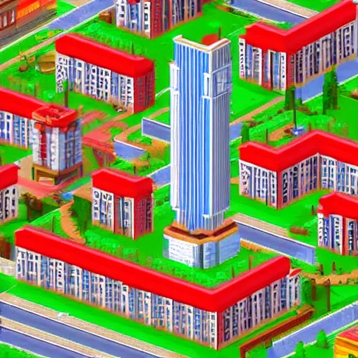 Prompt: soviet apartment buildings in SimCity2000 style. isometric. retro. pixelart. maxis.