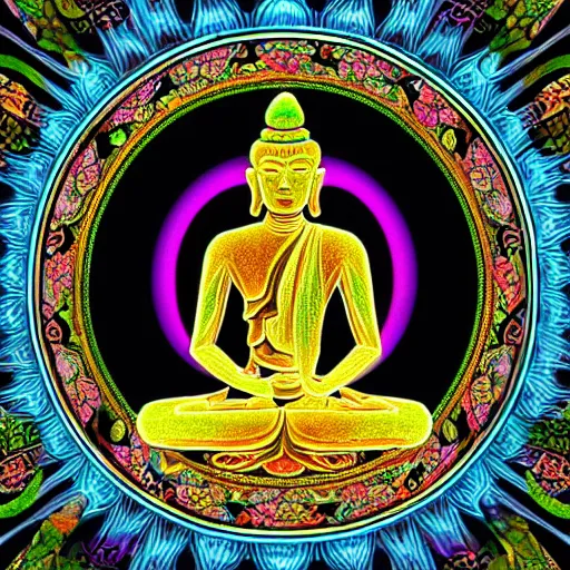 Image similar to rainbowcore, black buddha glowing, surrounded by lotus, with the sun shining with the moon, with detailed mandala filled with fractals, bioluminescence, glowing runes, de-noise, symmetrical composition, high detailed +, ornate border, 32k