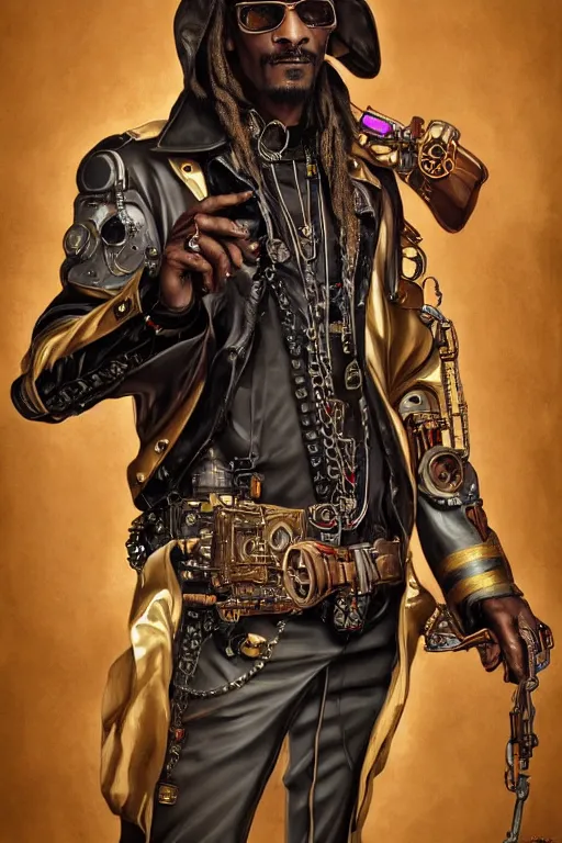 Prompt: snoop dog as a steampunk cyborg gunslinger, portrait, cyber western, neon, duster, fantasy, intricate, elegant, highly detailed, digital painting, artstation, concept art, sharp focus, illustration, art by artgerm and greg rutkowski and alphonse mucha