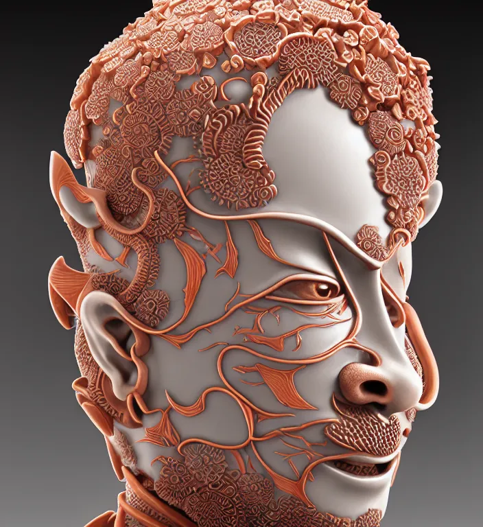 Image similar to Samurai, A Close up photo-real delicate ceramic porcelain sculpture of a symmetrical ornate detailed in front of an intricate background by Victo Ngai and takato yamamoto, micro detail, backlit lighting, face in focus, subsurface scattering, translucent, thin porcelain, octane renderer, colorful, physically based rendering, japanese pottery, trending on cgsociety