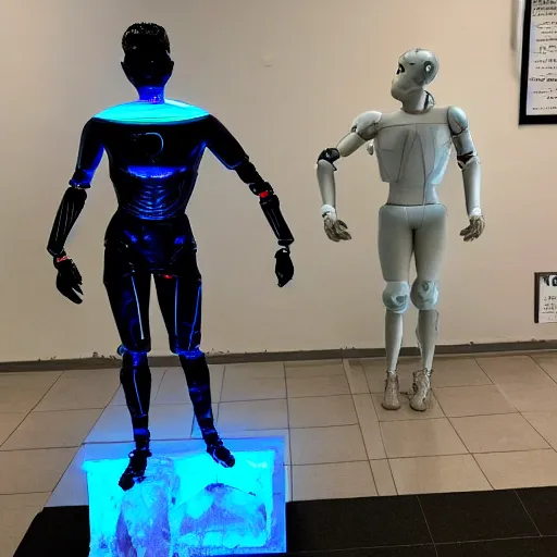 Image similar to a realistic detailed photo of a guy who is an attractive humanoid who is half robot and half humanoid, who is a male android, soccer player timo werner, shiny skin, posing like a statue, blank stare, by the pool, on display, showing off his muscles, humanoid robot, frozen ice statue, made of ice