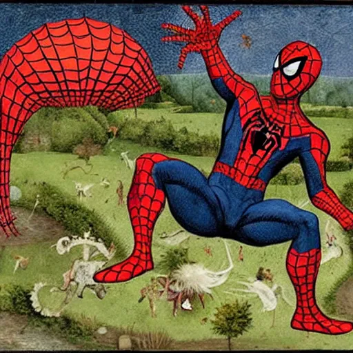 Image similar to spider - man in the garden of earthly delights by bosch.