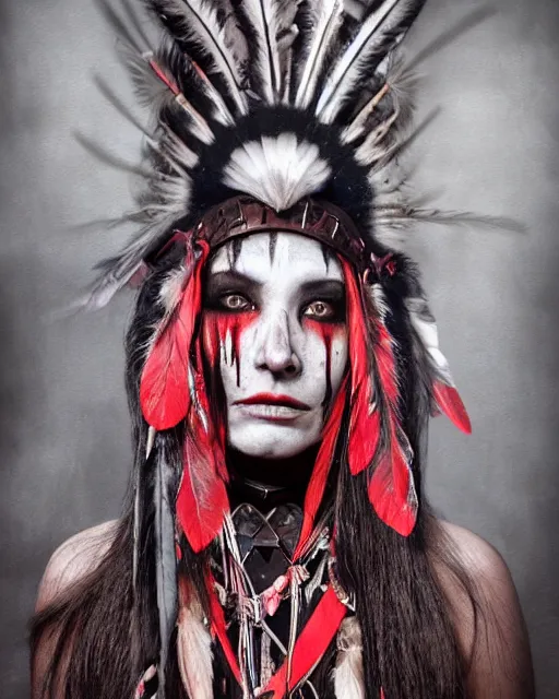 Image similar to lady native sisters ghost - spirit of the grim - warpaint wears the scarlet skull armor and native blood headdress feathers, midnight fog - mist!, dark oil painting colors, realism, cinematic lighting, various refining methods, micro macro autofocus, ultra definition, award winning photo, photograph by ghostwave - gammell - giger - shadowlord