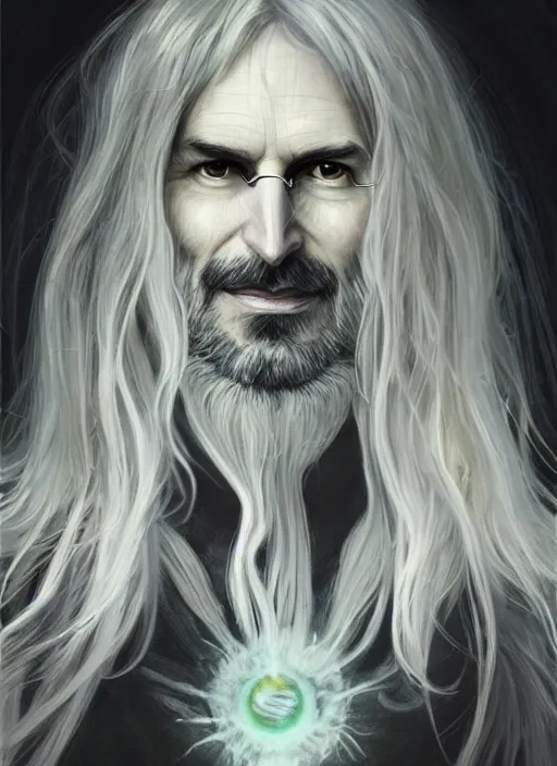 Prompt: Portrait of Steve Jobs, white glowing eyes, silver shaggy hair, cloak, ethereal wings, male, fantasy, extremely detailed, digital painting, artstation, concept art, smooth, sharp focus, illustration, stunning lighting, art by artgerm and alphonse mucha and simon stalenhag, realistic character concept, high fantasy, light atmosphere, golden ratio, cinematic lighting, hyperdetailed, high resolution, insanely detailed and intricate, Marc Simonetti, Greg Rutkowski, 8k