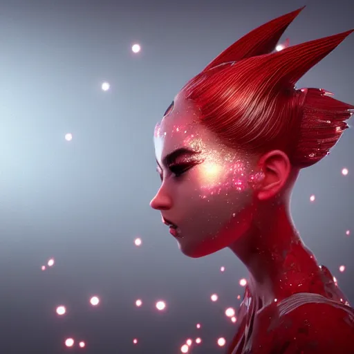 Image similar to kitsune woman fancy haircut, full body, intrincate,unreal engine octane, red and white, glitter, depth of field, 8k, hyper detailed, trending on artstation