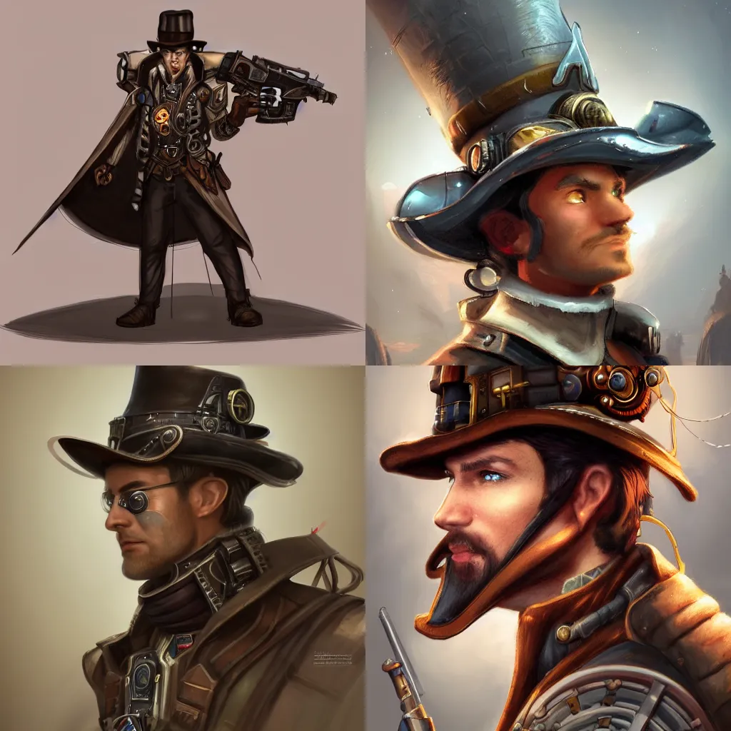 Prompt: a side-view portrait of a noble gunslinger male in hat in the center, posing with crossed arms, steampunk spaceship on background, by tyler edlin and lindsey look, victorian, concept art, steam romance, adventure, detailed, 4k resolution, trending on artstation