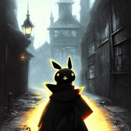 Image similar to pikachu in a back alley, art by greg rutkowski, in the style of bloodborne, intricate, elegant, highly detailed, smooth, sharp focus, artstation