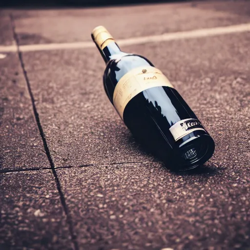 Prompt: photography of a wine bottle hitting the floor, bottom part explode but bottle upper part remain clean, clear view on the label, cinematographic look, award photography