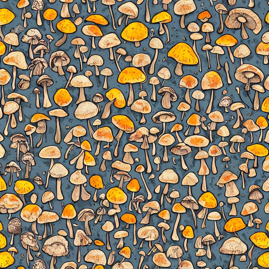 Prompt: macro photo with a mushroom characters and mycelium, very close to real nature, natural colors and natural surroundings, painted patterns and coloring on mushrooms, seamless fabric pattern 8K, highly detailed.