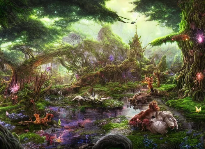 Image similar to desktop background, magical fantasy forest, magical creatures, fantasy critters, path traced, highly detailed, high quality, digital painting, by studio ghibli, lise deharme, alexander jansson, paul lehr, moebius, noriyoshi ohrai, tim white, hans zatzka, henriette ronner - knip, george stubbs, louis wain