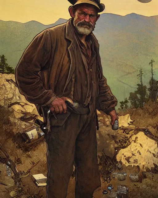 Prompt: medium shot portrait of an Appalachian bootlegger with detailed features and a moonshining still in the background, moonshine jars, dirt, Appalachian mountains, sharp focus, illustration, highly detailed, oil painting, matte, art by Greg Rutkowski and Alphonse Mucha, masterpiece