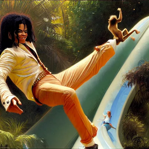 Prompt: michael jackson going down a waterslide with a monkey, highly detailed painting by gaston bussiere, j. c. leyendecker, greg rutkowski, craig mullins 8 k