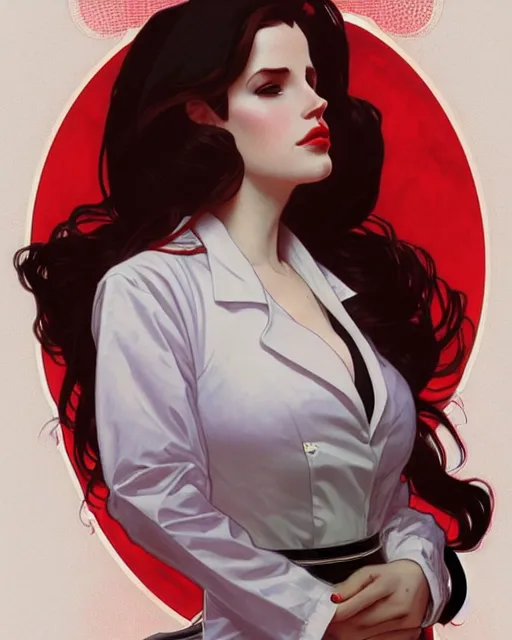 Prompt: lana del rey as a confident scientist, wearing a labcoat, intricate, red white and black color scheme, illustration by krenz cushart, alphonse mucha, artgerm, trending on artstation