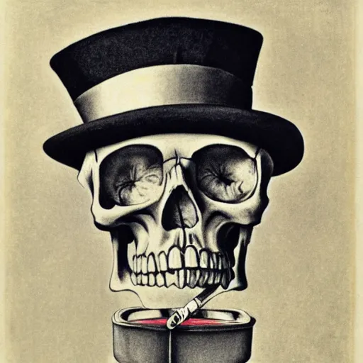 Prompt: skull wearing top hat smiling and smoking cigarette in style of mc escher