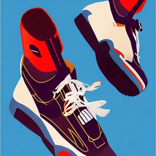 Image similar to retro futuristic Nike air trainer sneakers with straps by syd mead, grainy matte painting, geometric shapes
