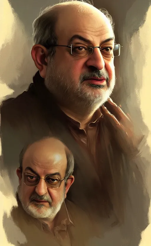 Image similar to portrait of salman rushdie, deep focus, d & d, fantasy, intricate, elegant, highly detailed, digital painting, artstation, concept art, matte, sharp focus, illustration, art by artgerm and greg rutkowski and alphonse mucha