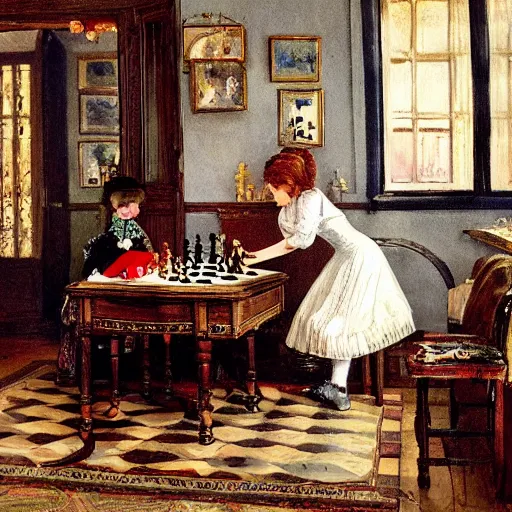 Prompt: a young edwardian woman playing chess against a rabbit in a beautiful victorian living room, in the style of Carl Larsson